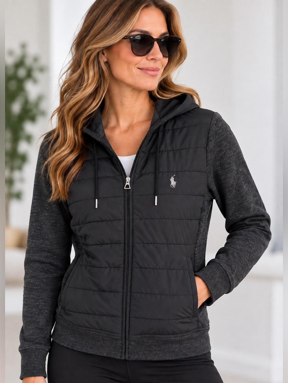 Polo Ralph Lauren Quilted Full Zip Hoodie Women XS Black Gray Hybrid Jacket
